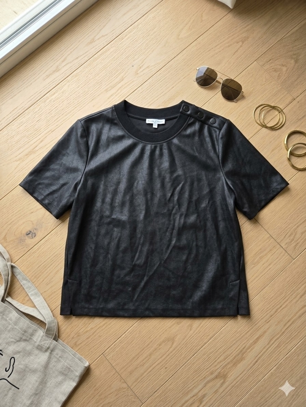 Short-Sleeve Faux-Leather Crewneck Top in Black
